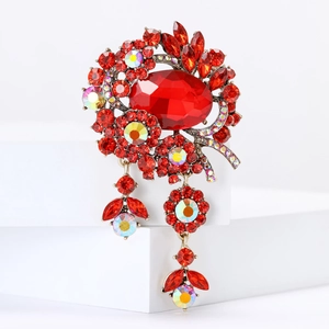 Exquisite large red rhinestone flower brooch with shimmering tassels and gold alloy finish