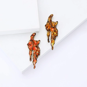 Artistic lava-style enamel drop earrings in bright orange and amber colors for women