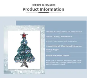 Detail specifications of an elegant green enamel Christmas tree brooch with rhinestones