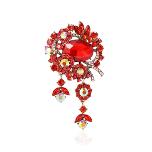 Exaggerated Vintage Alloy Rhinestone Glass Flower Brooch For Women Luxurious Floral Corsage With Tassel Pin Jewelry For Banquet Wedding