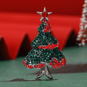 Elegant Christmas tree brooch with green and red rhinestones on silver metal base