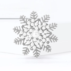 Elegant snowflake pearl brooch with silver metal base and rhinestones for sweaters