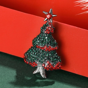 Elegant Christmas tree brooch with green and red rhinestones on silver metal base