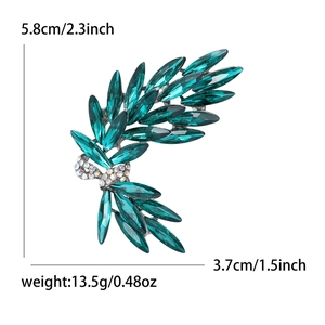 Elegant bow and wheat ear brooch with green marquise crystals and dimensions display