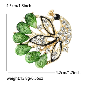 Fashion alloy peacock brooch with green rhinestones for women, 4.5cm x 4.2cm size