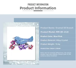 Detailed specs of the blue crystal bird brooch with pink enamel flowers on info card