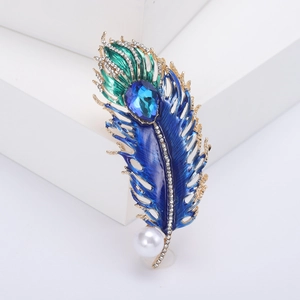 Peacock feather brooch with blue zircon, green enamel and white pearl for coats