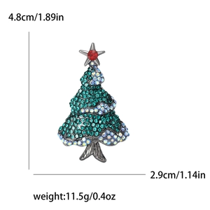 Elegant Christmas tree brooch with green crystals and red star on silver alloy base