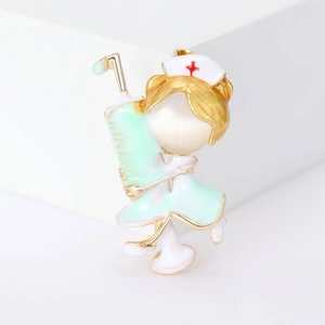 Cartoon nurse brooch with mint green syringe and pearl head decoration for professional suits
