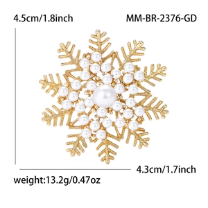 Elegant gold snowflake brooch with white pearls and rhinestones, size 4.5cm x 4.3cm