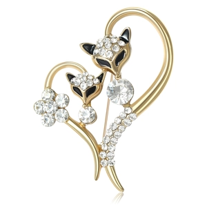 Fashion Alloy Rhinestone Fox Heart Brooch For Women Cute Animal Enamel Lapel Pin Gold Silver Jewelry Gift Accessory