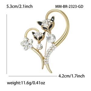 Sparkling fox heart brooch in gold metal with crystal rhinestones for women, 5.3cm