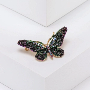 Fashion butterfly brooch with gold alloy, purple rhinestones and green enamel accents