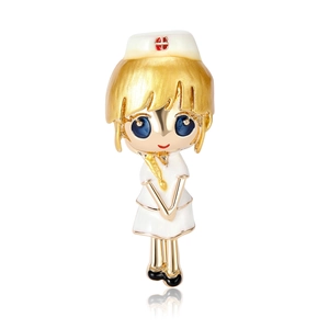 Broche infirmière mignonne en plaqué or avec finition en émail blanc et bleu