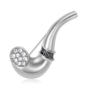 Minimalist silver pipe brooch with white crystal pavé and black enamel stripe detail