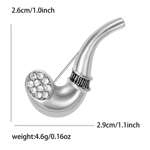 Minimalist pipe-shaped silver brooch with crystal rhinestones and size dimensions