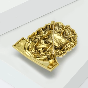 Detailed back view of golden Einstein relief brooch showing the secure metal safety pin