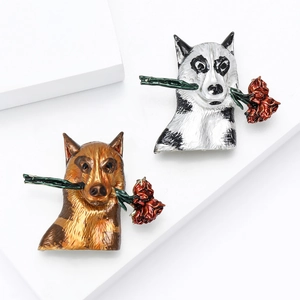 Cute Husky and Shepherd enamel pins set with red roses for jackets and coats