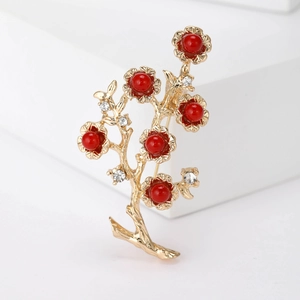 Vintage Golden Alloy Branch Brooch With Red Artificial Pearl And Rhinestone Flower Lapel Pin For Women Suit Accessories
