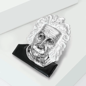 Detailed relief sculpture of Albert Einstein bust pin with silver finish and black collar