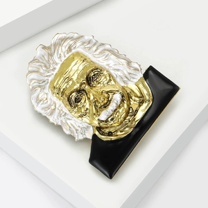 Artistic Albert Einstein portrait brooch with gold-tone relief and sparkling rhinestone inlay