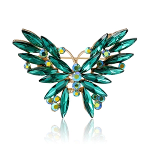 Elegant gold butterfly brooch with dark green crystals and shimmering rhinestones