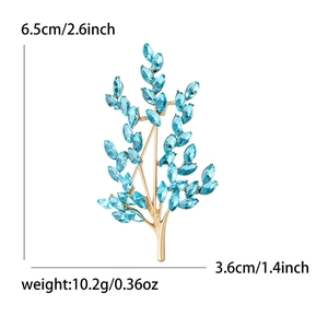 Elegant gold tree branch brooch with light blue marquise crystals 6.5cm x 3.6cm