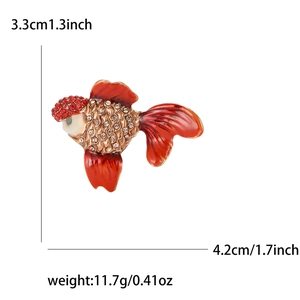 Exquisite goldfish brooch in red enamel and white crystals, sized 3.3x4.2cm and 11.7g