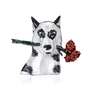Cute Alloy Drip Oil Dog Brooch Husky German Shepherd With Red Rose Animal Lapel Pin For Women Suit Coat Jewelry Gift