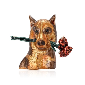 Charming enamel German Shepherd brooch with red rose detail on polished metal