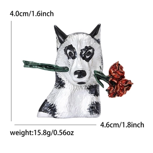 Cute husky dog enamel brooch with red rose detail for women suit jacket and coat accessories
