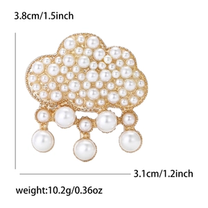 Broche nuage dorée élégante avec perles blanches et gouttes de pluie avec dimensions