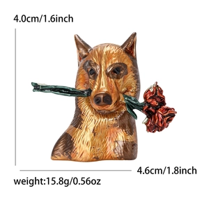 Cute German Shepherd enamel dog brooch with red rose detail on white background
