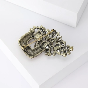 Vintage style alloy rhinestone safety pin brooch with antique gold metal back structure