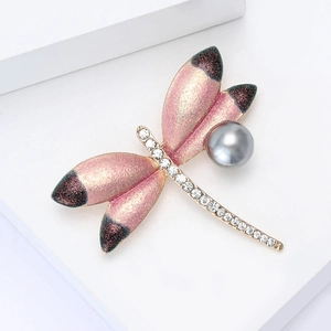 Exquisite dragonfly brooch with pink gradient wings, rhinestones and grey pearl accents