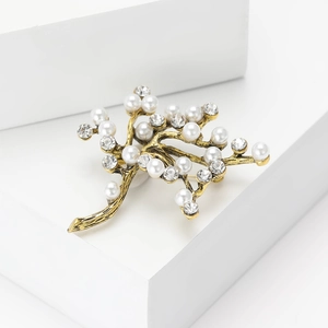 Élégante broche arbre de vœux en perles dorées avec strass pour robes et tenues de soirée