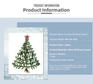 Detail view showing a 57mm enamel Christmas tree brooch with colorful rhinestones and alloy plating