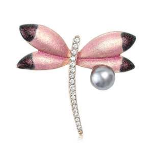 Elegant Alloy Dragonfly Brooch With Pink Gradient Enamel Rhinestones And Grey Artificial Pearl Decorative Pin For Women Accessory