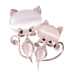 Élégante Broche Chat En Alliage Avec Oeil De Chat Artificiel Et Strass Brillants Pendentif Double Chat Bijoux De Mode Pour Femme