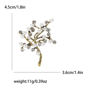 Élégante broche arbre à vœux dorée avec perles pour robes, taille 4,5 cm par 3,6 cm
