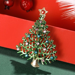 Creative Christmas tree brooch with colorful rhinestones and green enamel finish