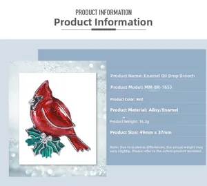 Détail de la broche oiseau en émail rouge avec spécifications de taille et matériaux