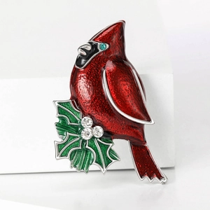 Red Enamel Cardinal Bird Brooch With Green Holly Leaves Rhinestone Alloy Festive Animal Breastpin For Women Christmas Jewelry
