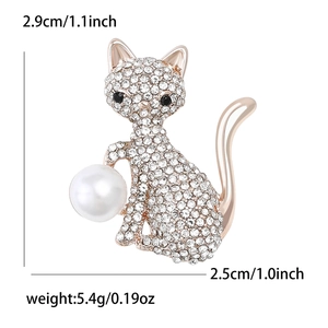 Broche chat créative en or rose avec cristaux blancs étincelants et perle élégante