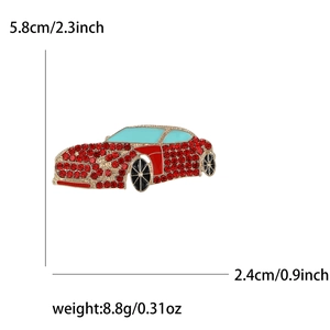 Detailed view of red rhinestone sports car brooch with precise size and weight dimensions