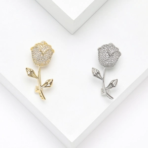 Elegant rose flower brooches in gold and silver finish with micro-pave crystals