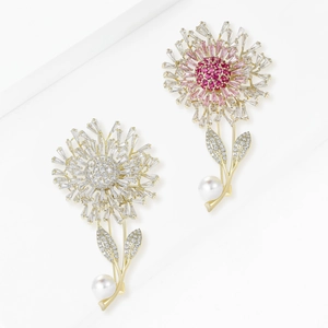 Luxury Copper Zirconia Dandelion Flower Brooch Elegant Imitation Artificial Pearl Lapel Pin Women Suit Coat Jewelry Accessories Gift
