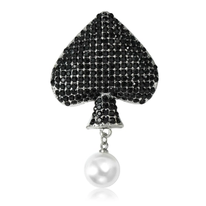 Eleganter Legierung Strass Schwarzes Pik-As Brosche Mit Künstliche Perlenanhänger Modeschmuck Nadel Für Damen Bankett Party Accessoire