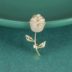 Elegant Rose Brooch For Women Light Luxury Copper Zirconia Micro Pave Flower Brooch For Suit Coat Accessories Jewelry Gift