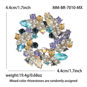 Elegant floral rhinestone brooch with colorful crystals and 4.4cm silver metal finish